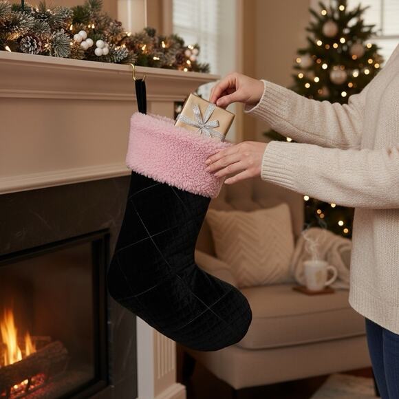 Christmas Stocking Handmade Velvet Velour Gossip Girl Pink Sherpa Gift NEW - Picture 2 of 6